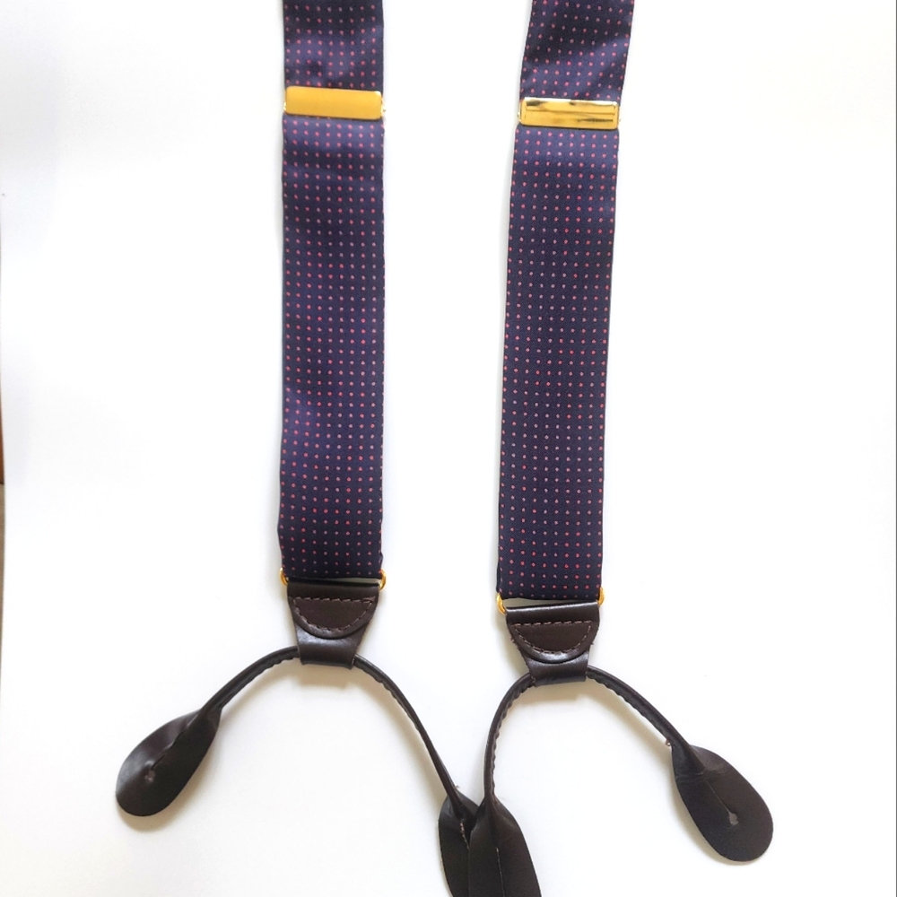 Men's Silk Suspenders Navy & Red Dots Brown Leather Button Down Braces